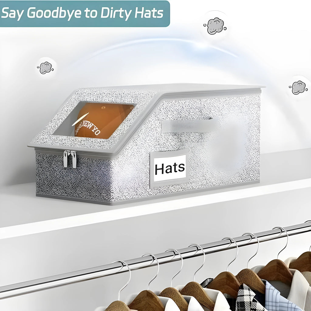 Grey foldable and stackable woven fabric storage box for organising baseball caps and shoes.
