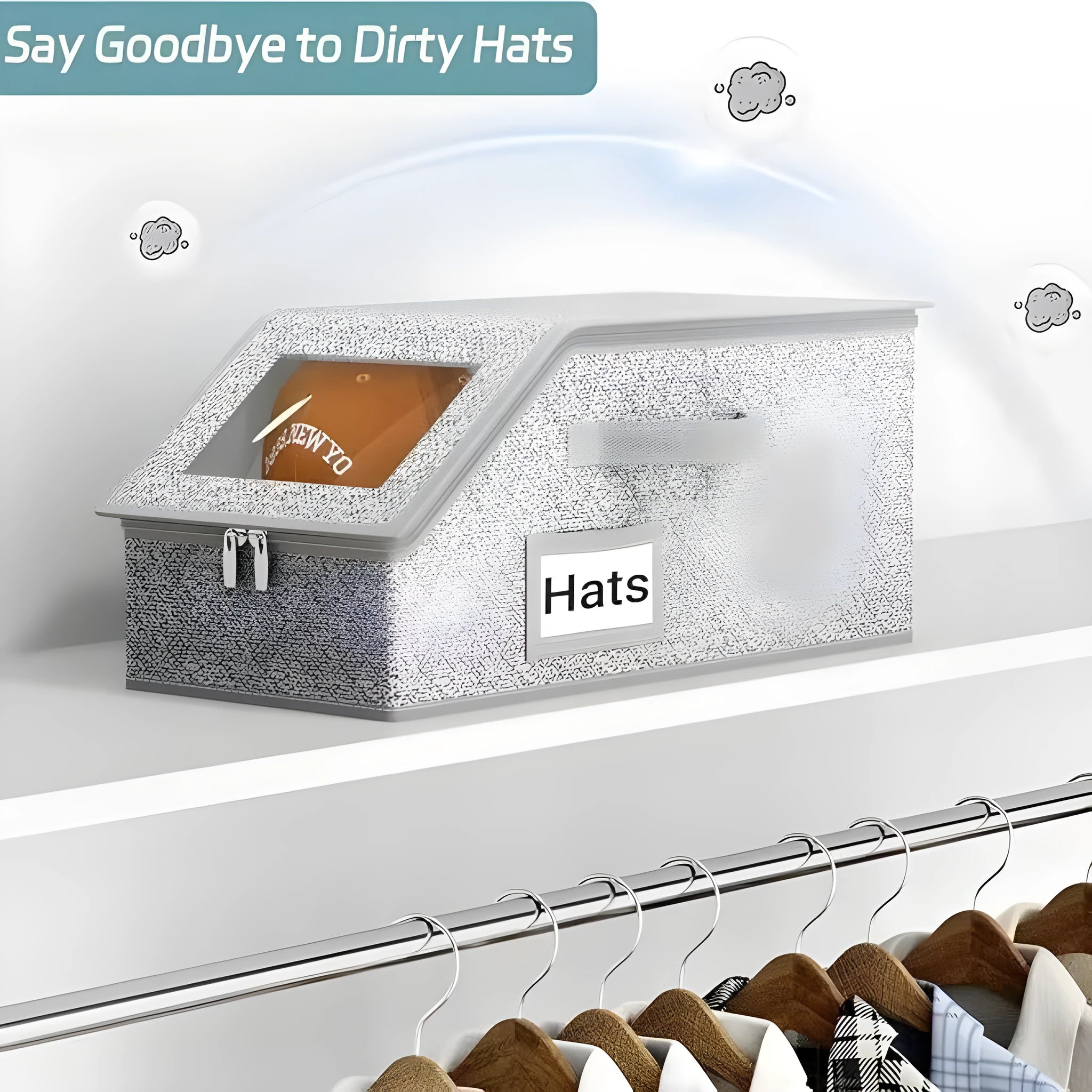 Grey foldable and stackable woven fabric storage box for organising baseball caps and shoes.