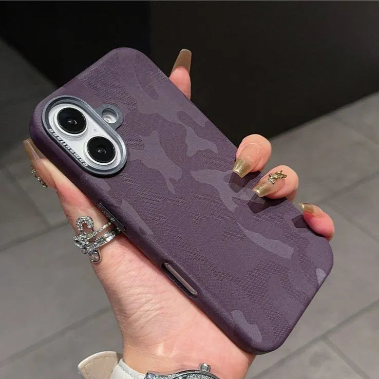 Camouflage leather mobile phone protective cover with magnetic suction and shockproof for iPhone 15 Pro Max