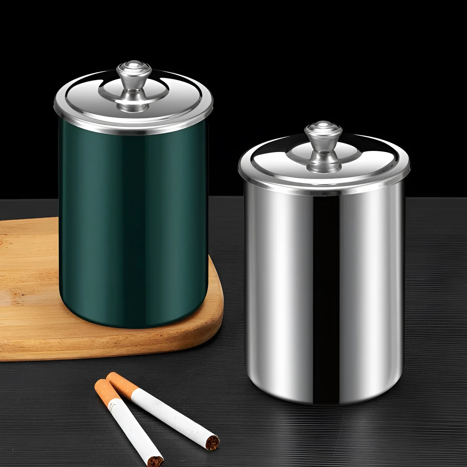 Stainless steel fly ash ashtray with cover measuring 7.5 by 9.5 centimetres