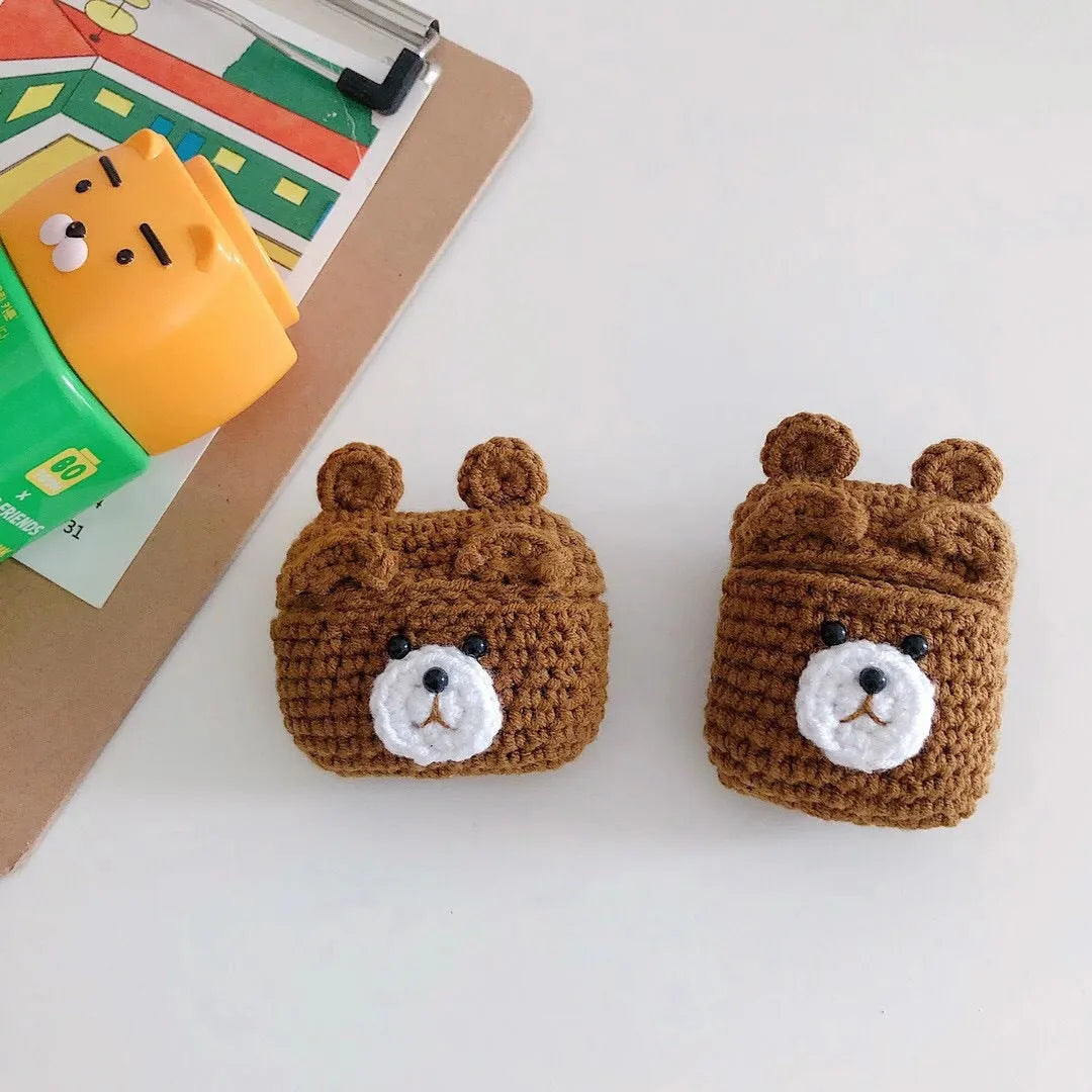 Plush brown bear flip-style Bluetooth headset case for AirPods 1 2 3 and Pro soft knit material