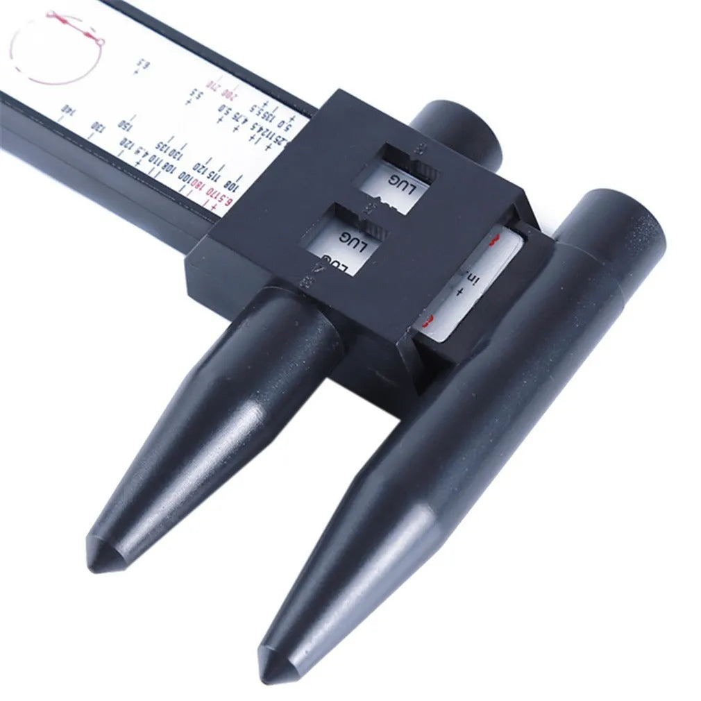 Plastic digital caliper hole distance measuring tool with 180mm range on a white background.