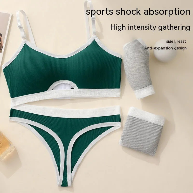 Seamless contrast back sports bra top set with moulded cup in black, grey, khaki, green, or white.