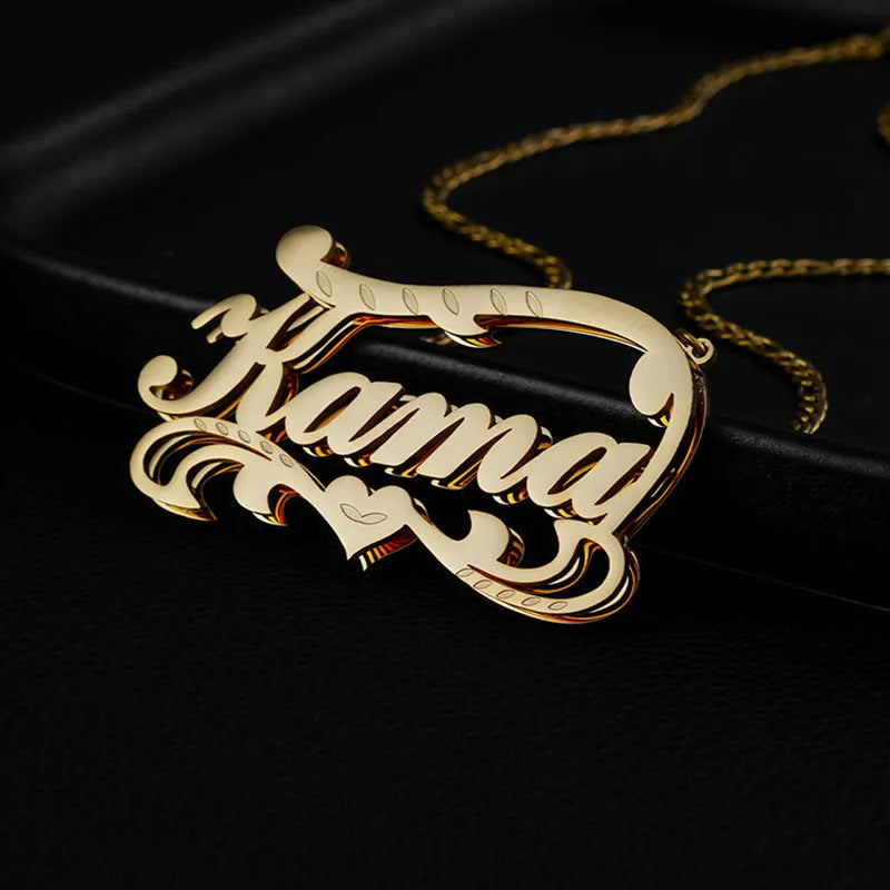 Gold personalised double layer wave heart necklace with custom text engraving on pendant