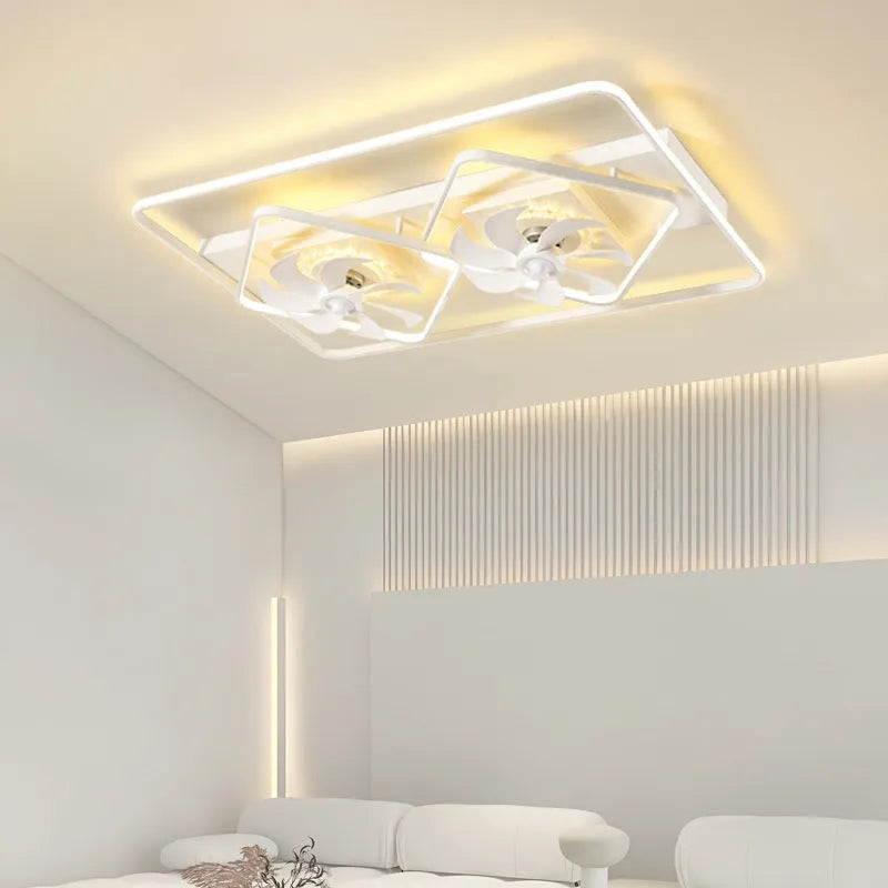 Modern thin suction ceiling fan lamp with plastic blades and acrylic lampshade mounted on a white ceiling.