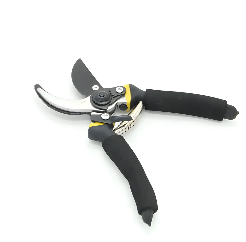 Yellow garden pruning shears with Teflon-coated steel blade and PVC handle, 200mm length