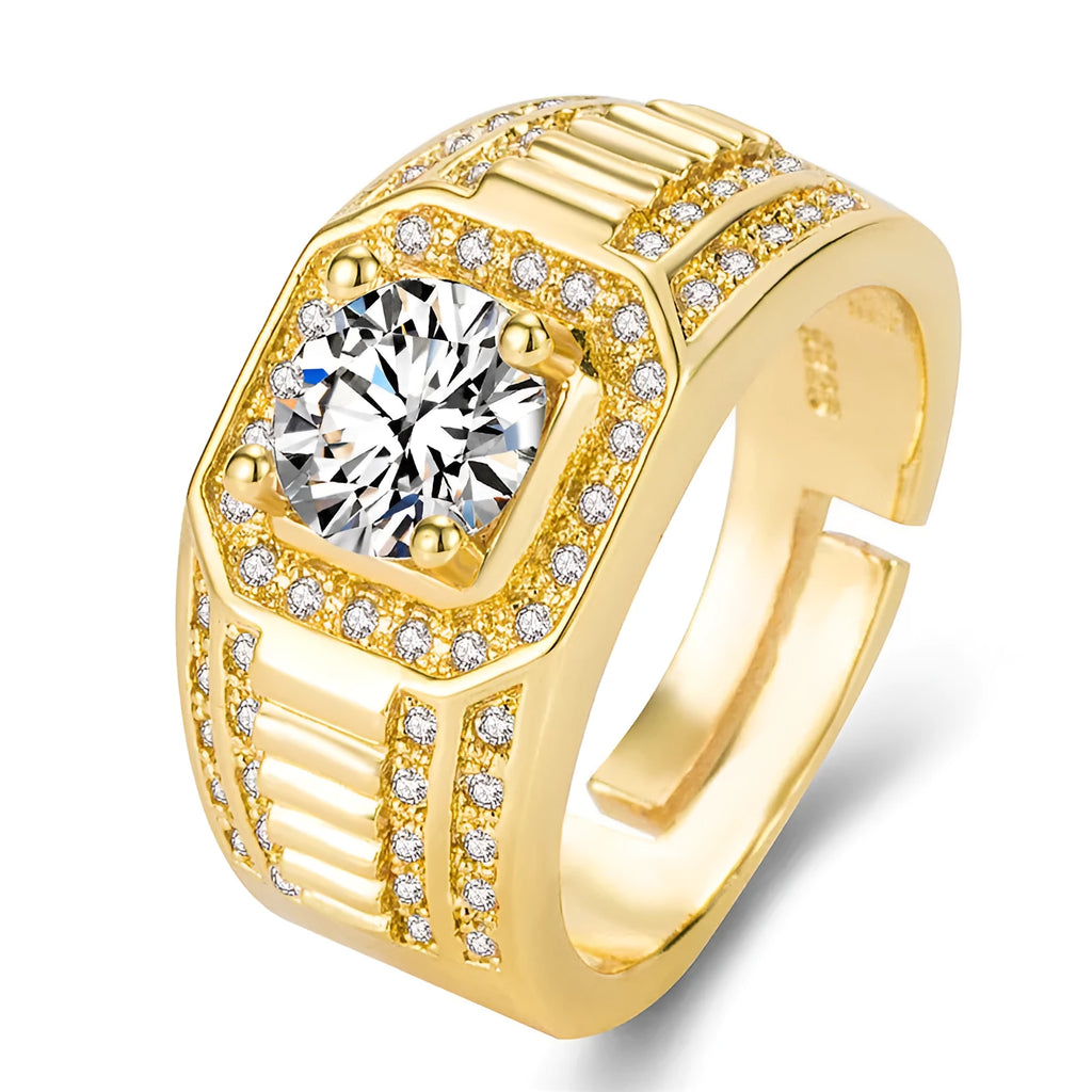 Men's adjustable copper ring with large square diamond design in gold finish