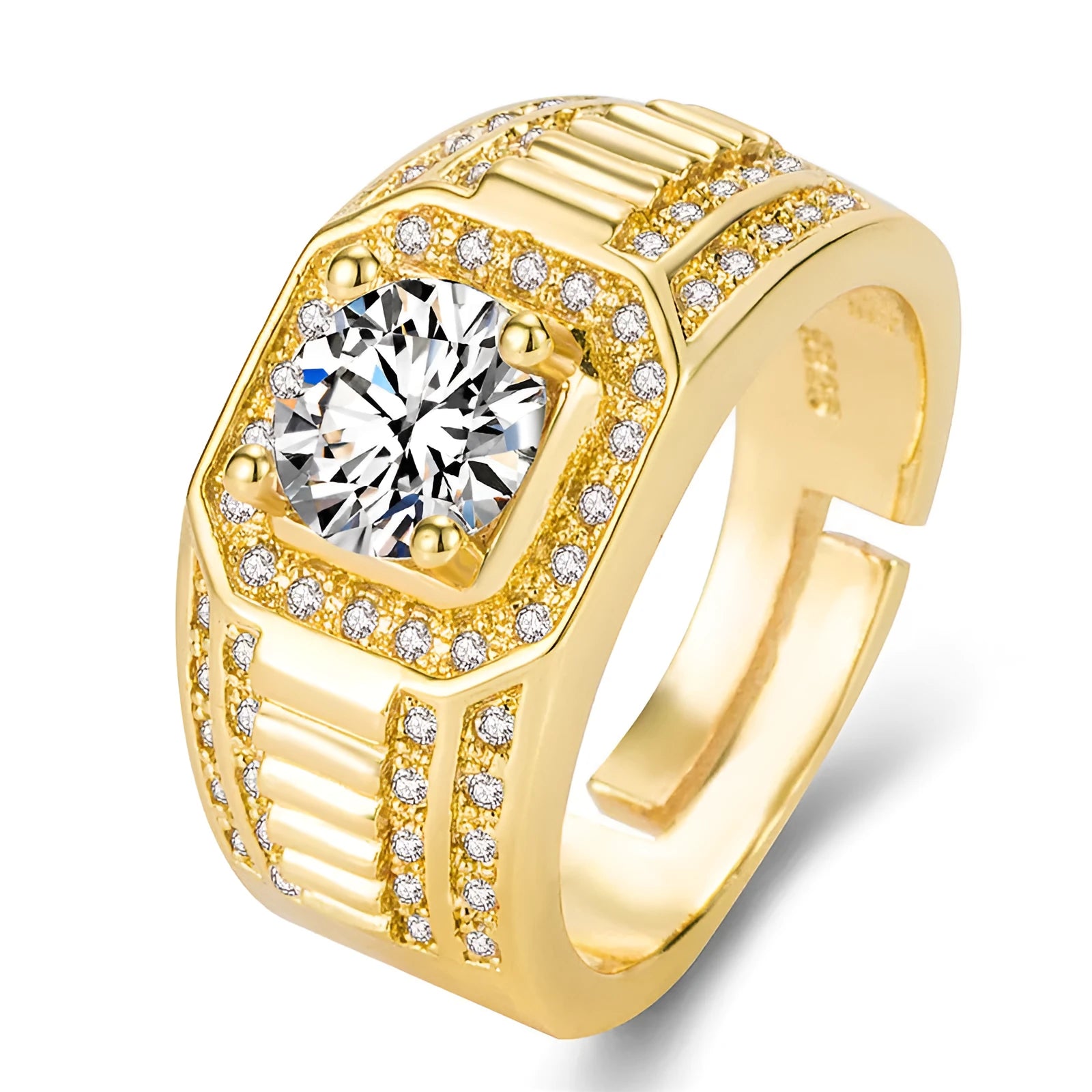 Men's adjustable copper ring with large square diamond design in gold finish