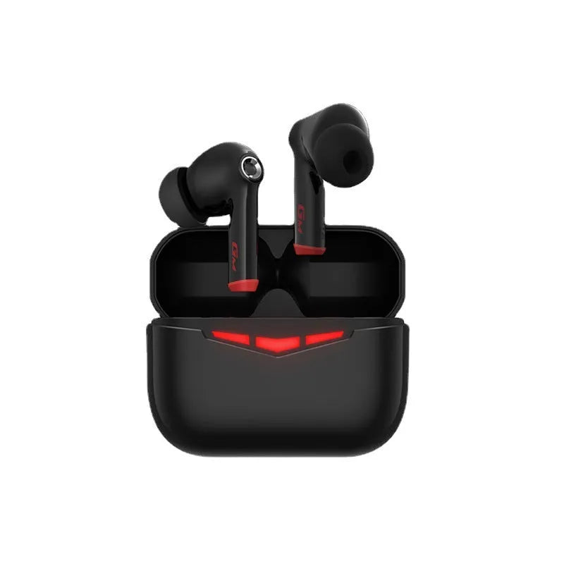 True wireless gaming Bluetooth earbuds in black with compact rectangular charging case on a grey background.