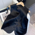 Black satin women's sleeveless vest with loose fit and splicing detail