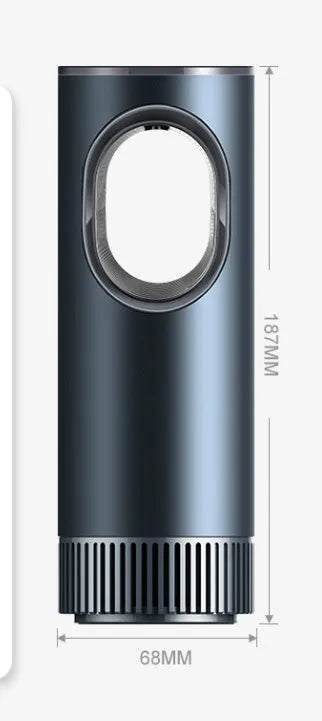 Black cylindrical car air purifier with USB connection for vehicle formaldehyde removal and negative ion generation