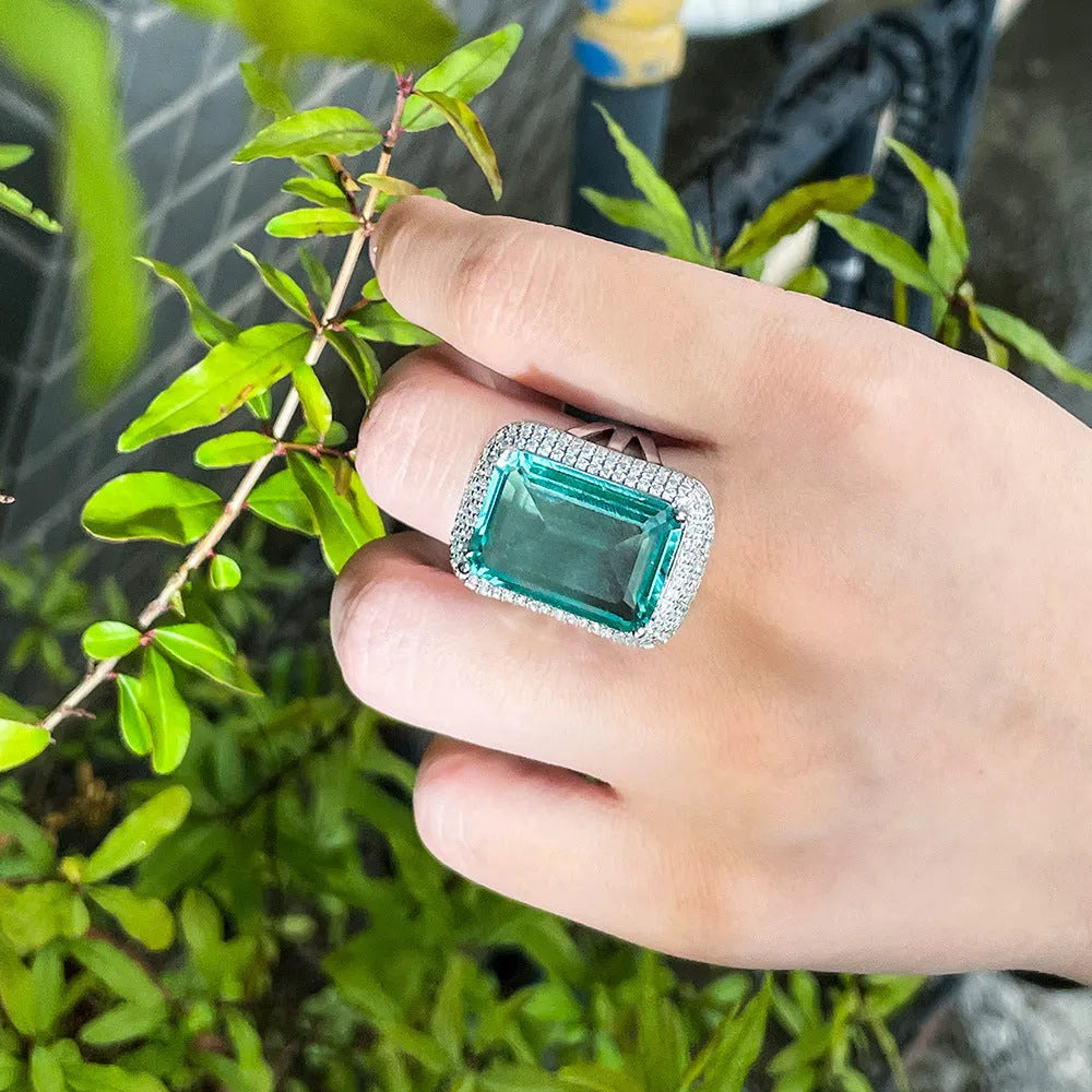 Rectangular geometric copper ring for women with zircon inlay, star motif, and electroplated finish