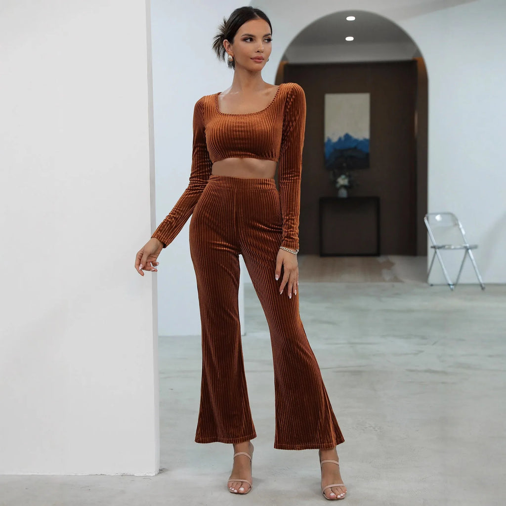 Caramel long sleeve sweater casual set with top and pants, sizes S to XXXL