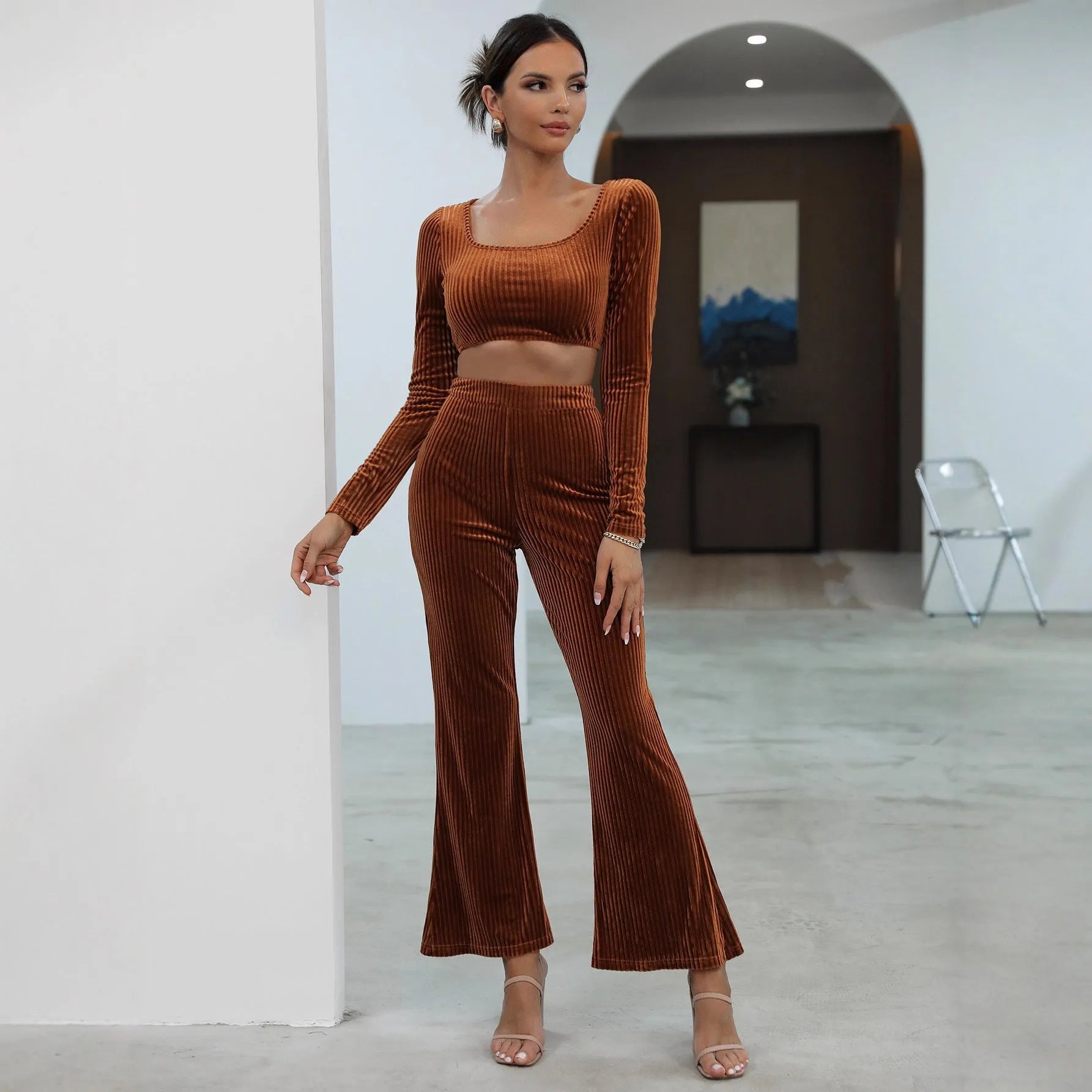 Caramel long sleeve sweater casual set with top and pants, sizes S to XXXL