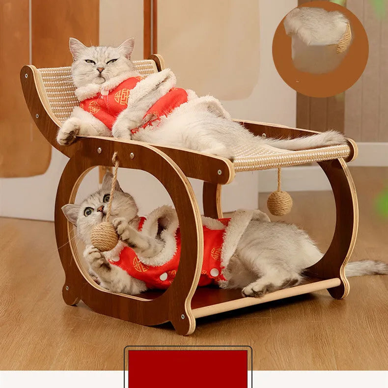 Solid wood sisal cat bed recliner in wood colour, scratch-resistant surface