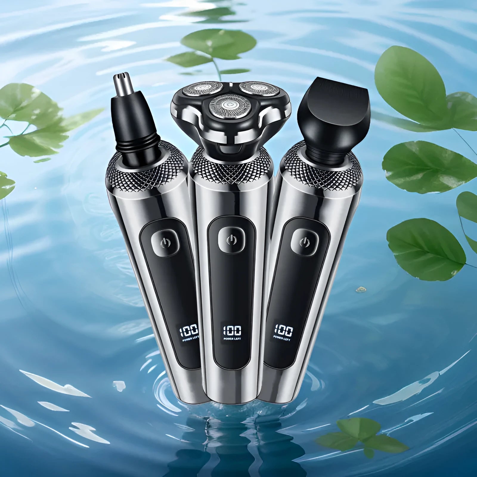 USB rechargeable beard trimmer with digital LED display on a black and silver five-in-one base bracket.