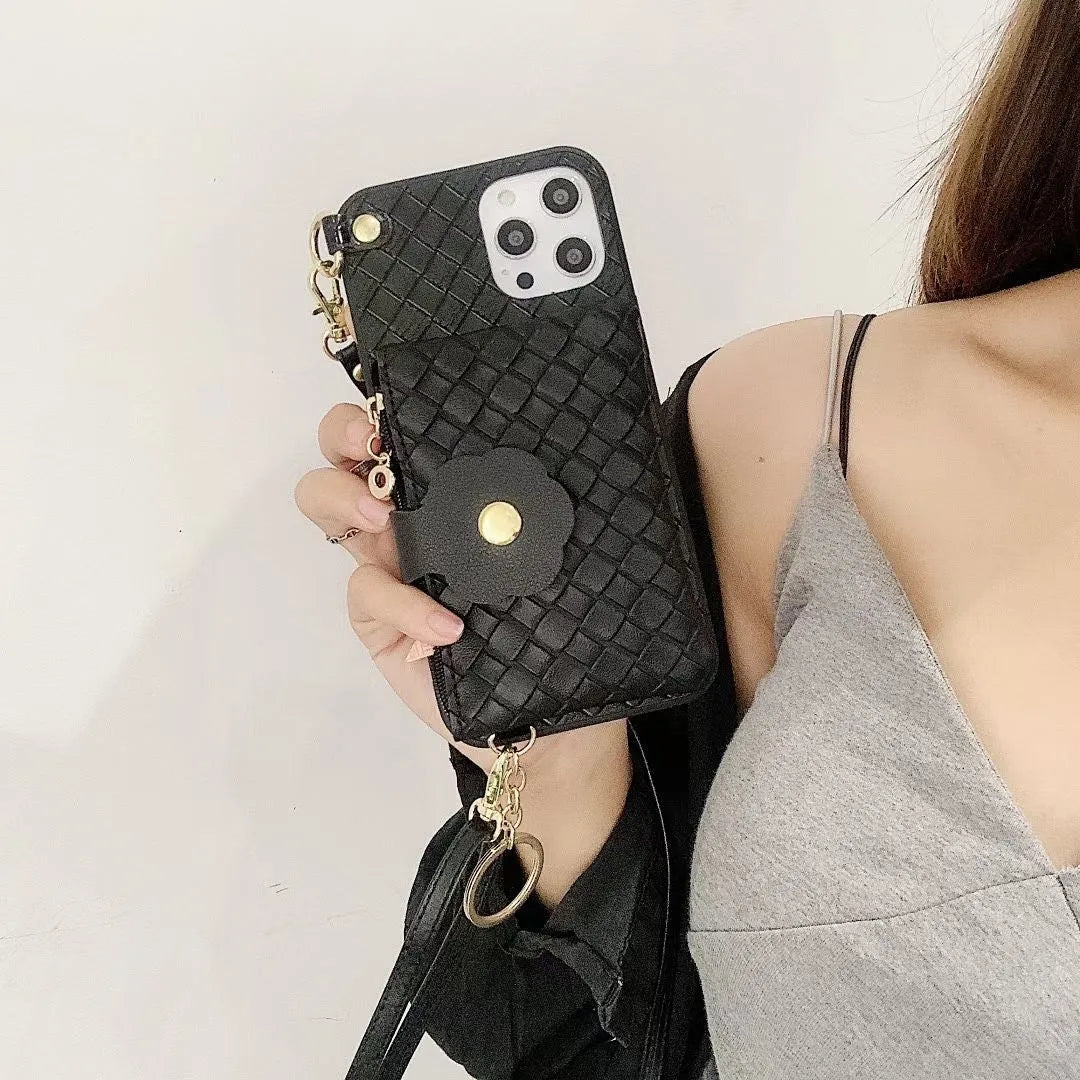 Braided lanyard phone case with coin purse in black handmade PU+TPU back cover for iPhone