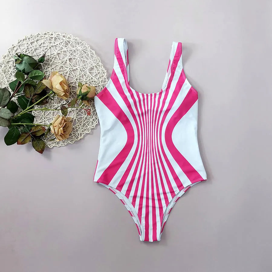 Pink and white striped one-piece swimsuit for women on a mannequin, showing front and back digital print positioning.