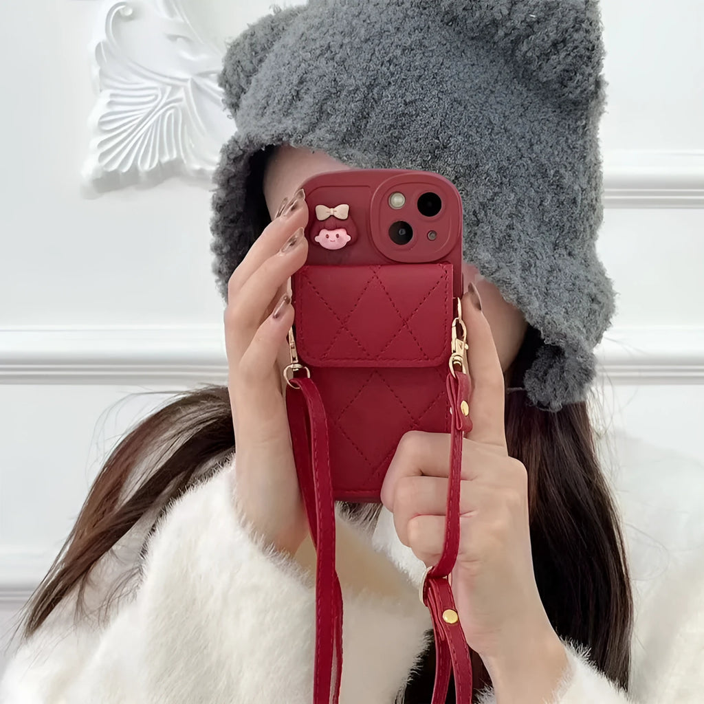 Red TPU crossbody card holder phone case with lanyard for iPhone, red diamond plaid pattern
