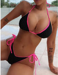 Women's triangle bikini top with lace-up back ties and matching split-leg briefs in a polyester fabric.