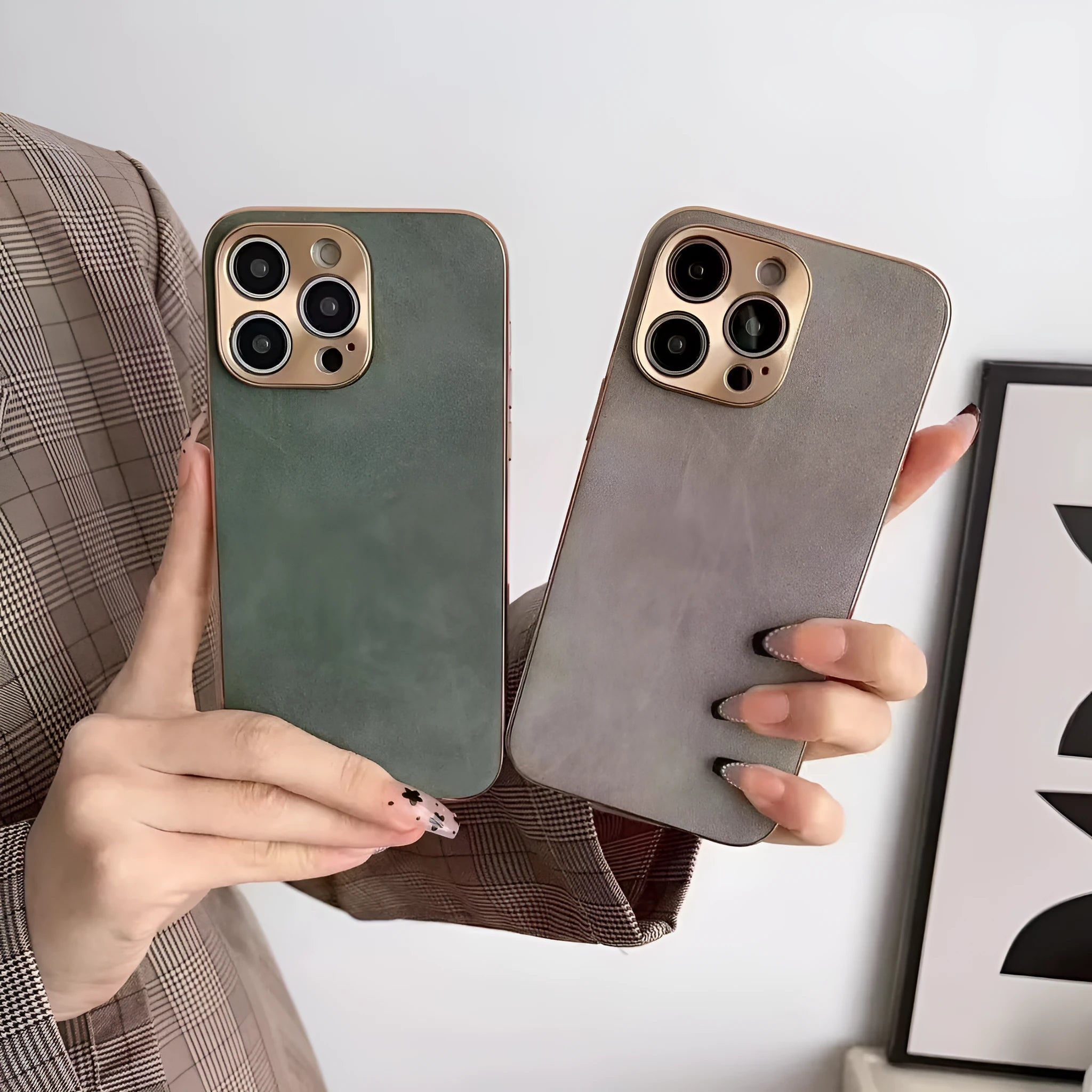 Leather texture TPU phone case on an iPhone, showing grey colour and precise port cutouts.