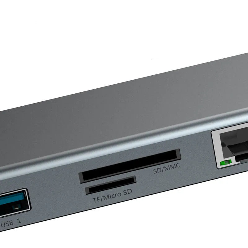 Space grey aluminium alloy ten-in-one USB-C hub adapter with HDMI VGA RJ45 USB 3.0 SD audio and charging ports