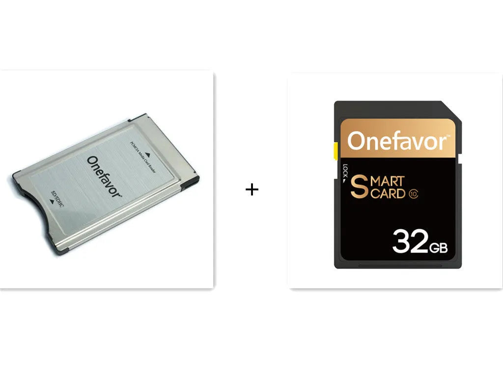 SD to PCMCIA adapter card with stainless steel housing next to a 32GB SDHC card for Mercedes-Benz vehicles