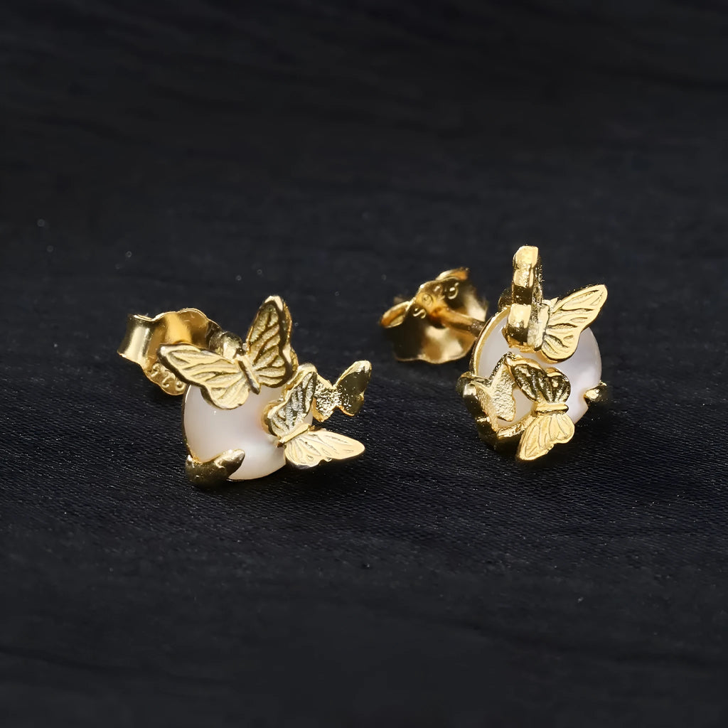 Butterfly ear studs in 925 silver with electroplated gold or white gold finish, animal zodiac modelling