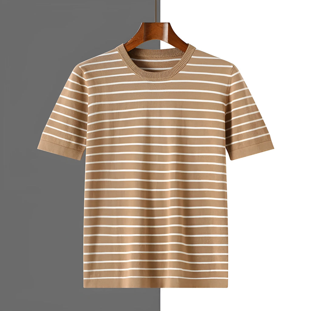 Men's pure cotton striped short sleeve t-shirt in black, gold camel, and gray available in sizes S to XXXL