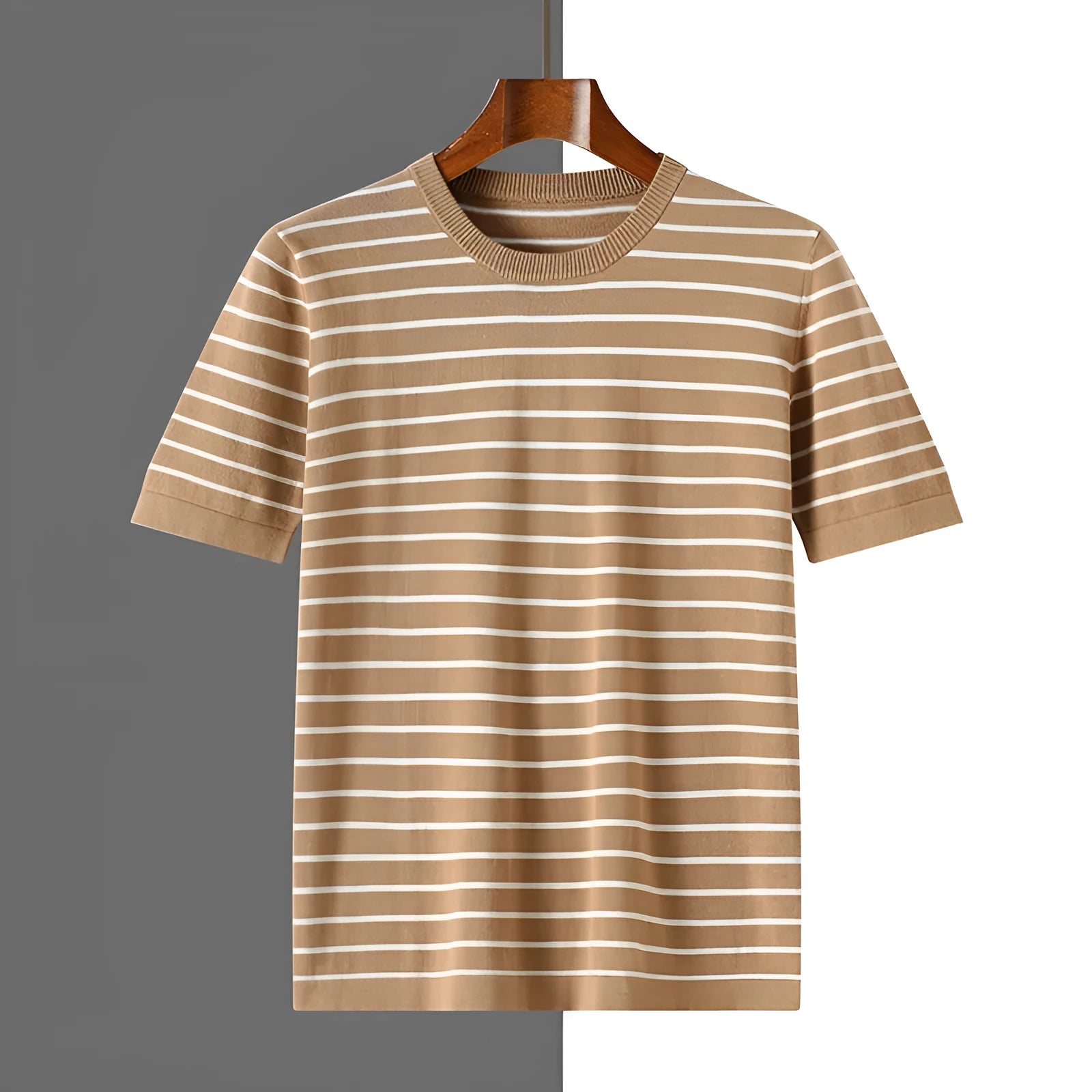Men's pure cotton striped short sleeve t-shirt in black, gold camel, and gray available in sizes S to XXXL