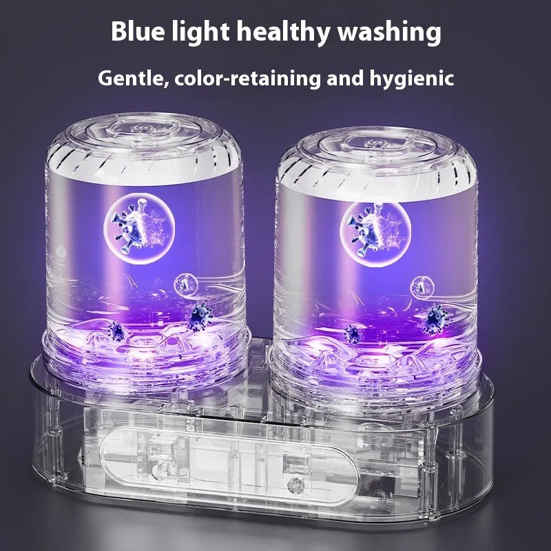 White plastic double bucket mini washing machine with USB cable for portable laundry.