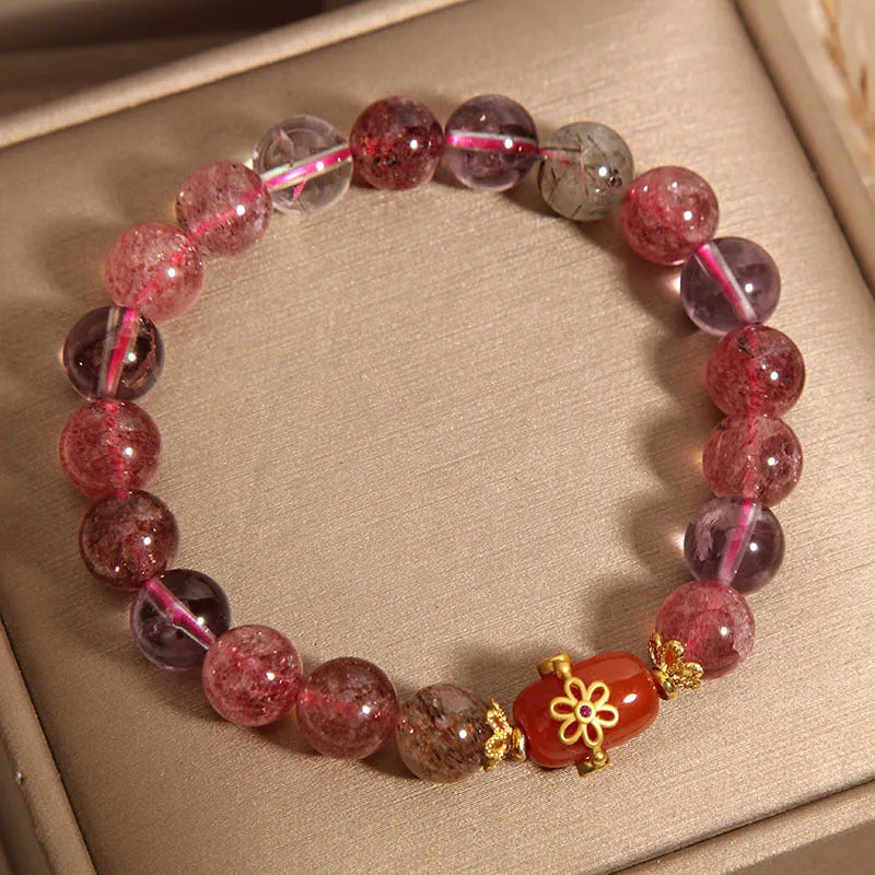 Natural Super Seven crystal bracelet with white crystal and red agate stones in cartoon style