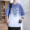 Boys dark blue t-shirt with white Jacquard printed letters and drop-shoulder short sleeves.
