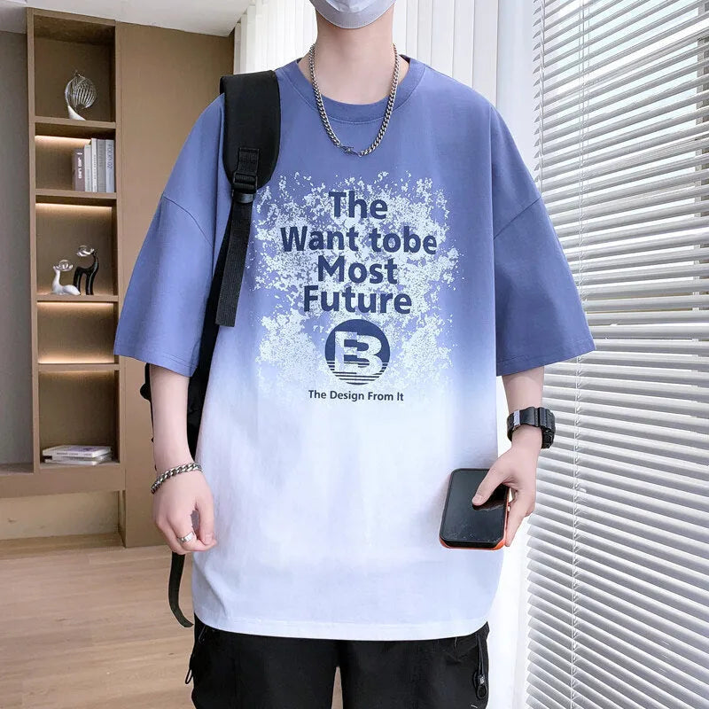 Boys dark blue t-shirt with white Jacquard printed letters and drop-shoulder short sleeves.
