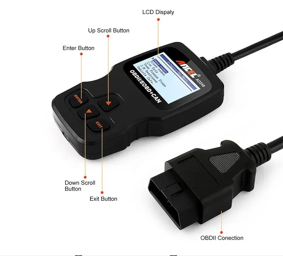 Black universal automobile fault detector scanner for engine diagnostics with 12V power supply