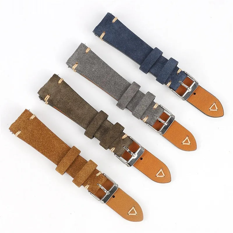 Genuine suede leather watch strap in brown on a small waist, showing texture and buckle.