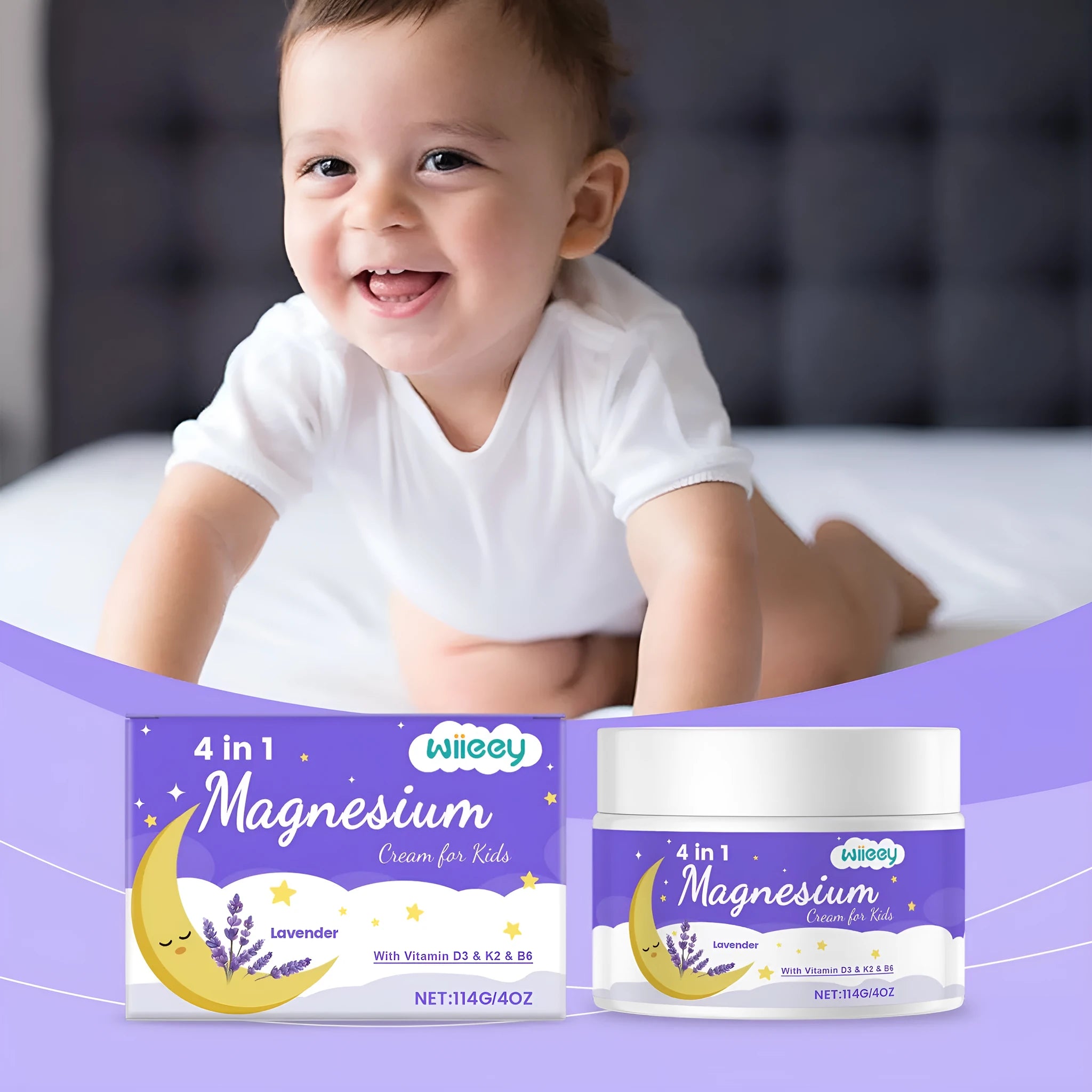 114g jar of lavender-scented 4-in-1 magnesium cream for kids with vitamins