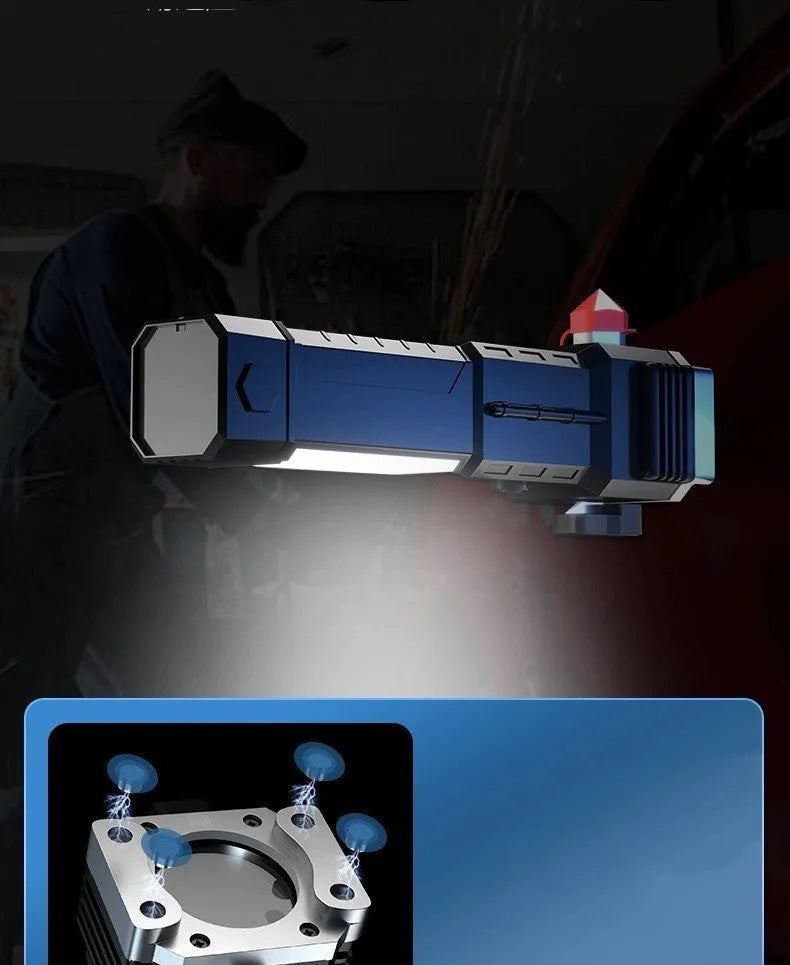 Silver portable flashlight with integrated power bank and LED light, showing plastic construction.
