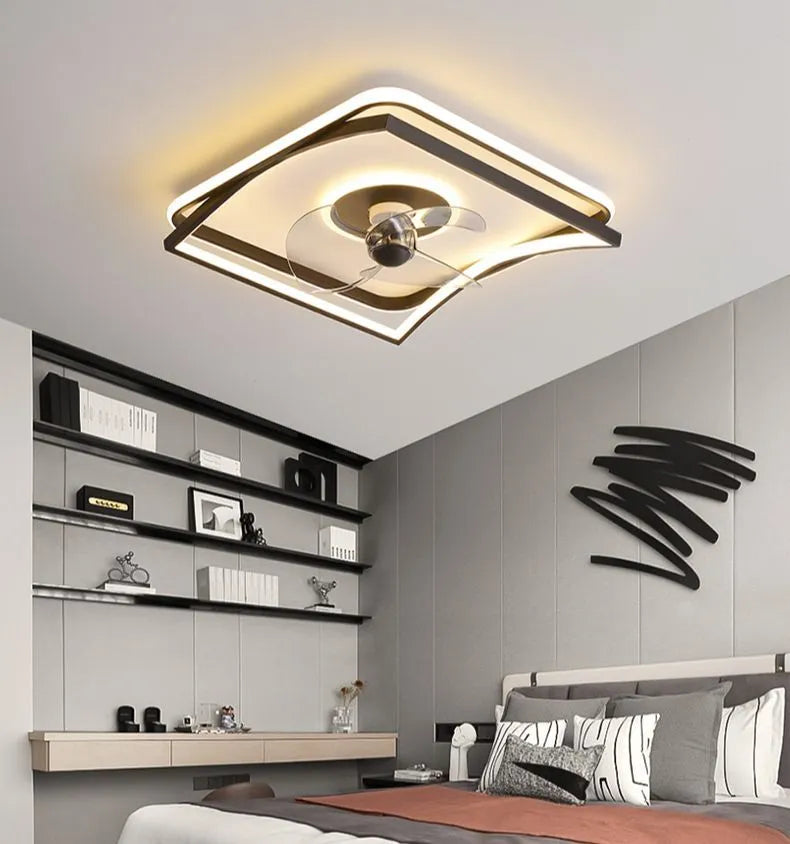 Modern black ceiling fan with integrated light in round, square, and annular styles.