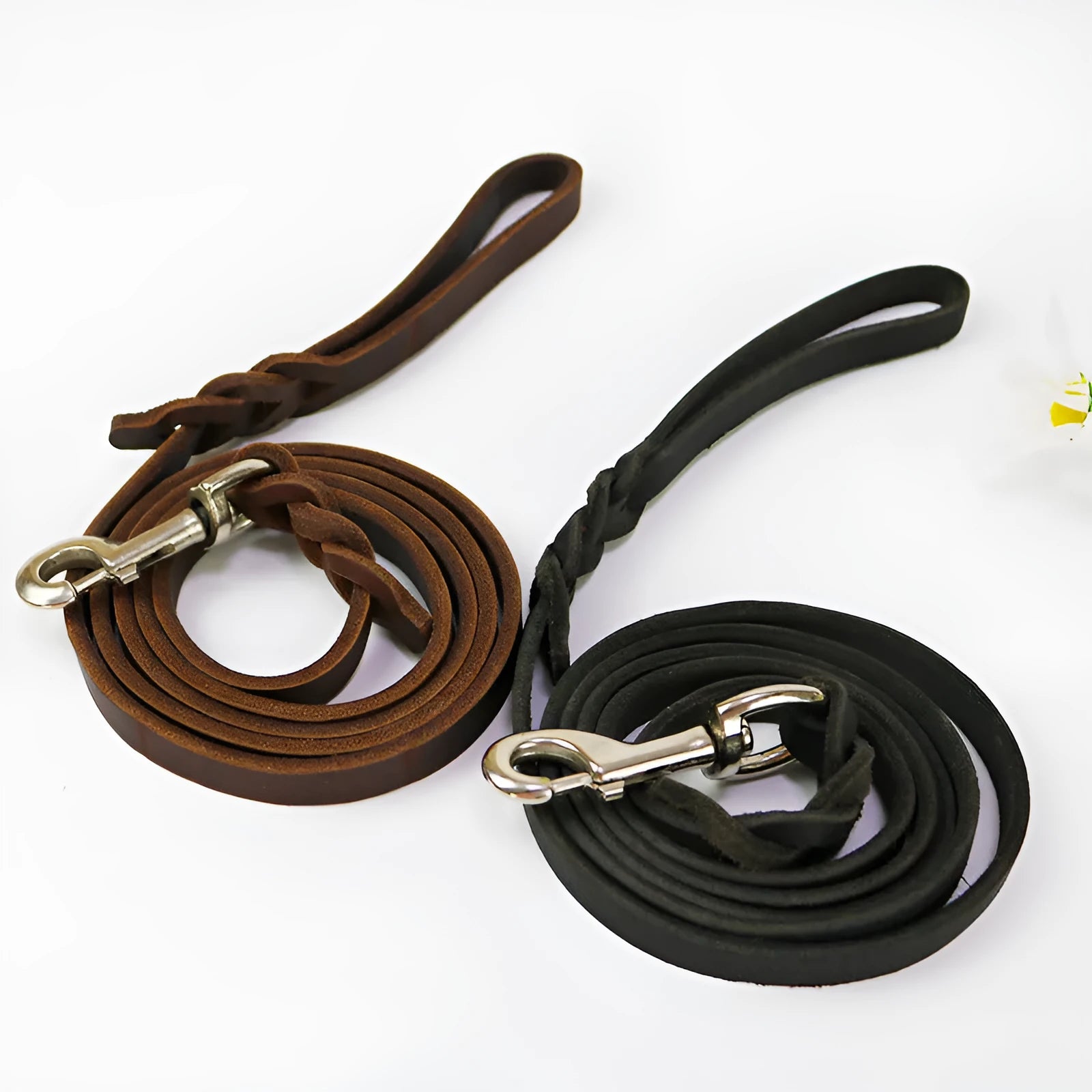 Light brown cowhide dog walking rope with leather hand loop, shown at full length.
