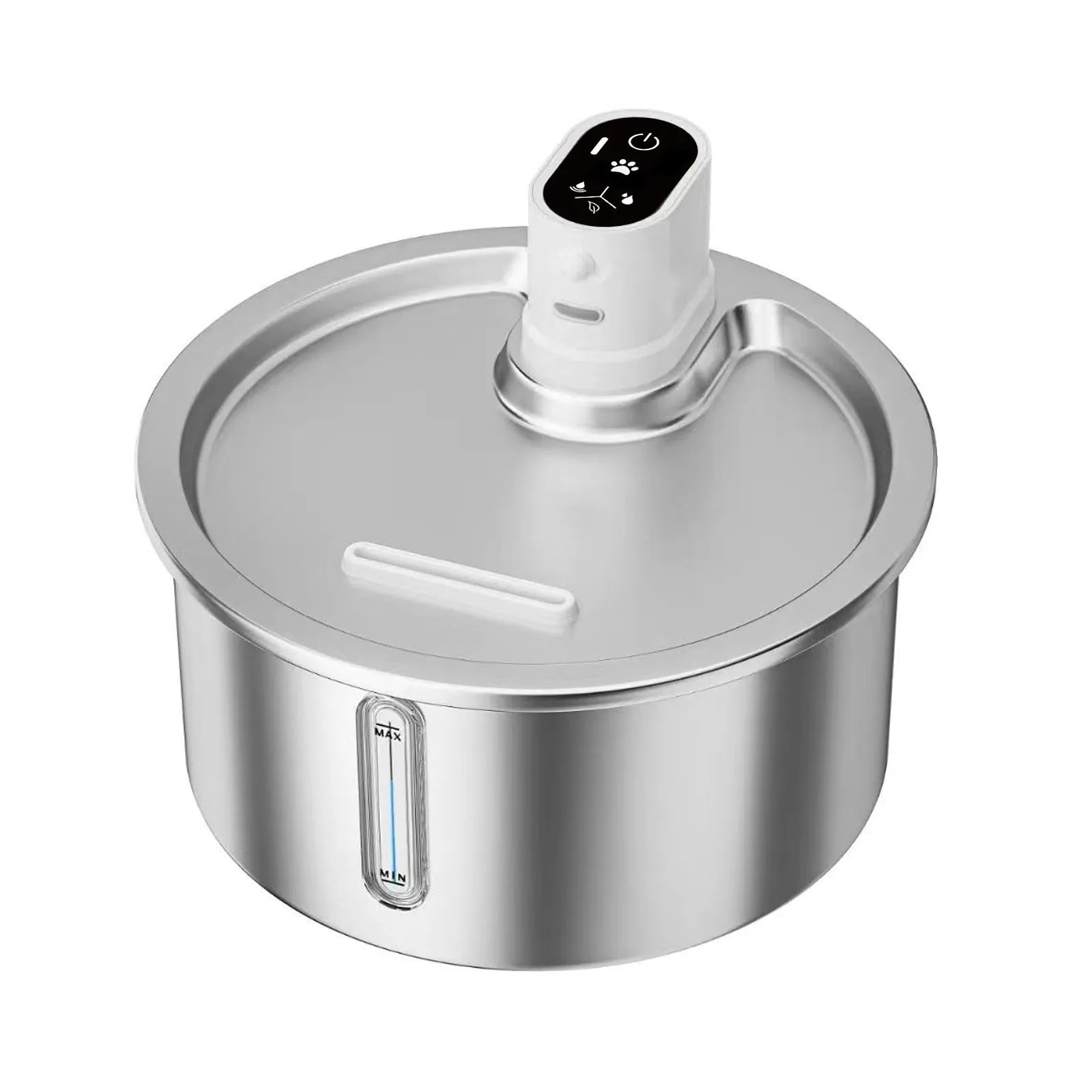 White stainless steel heated pet water fountain with digital temperature control base.