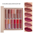 Matte shimmer lip glaze 12-piece set with non-stick cup formula showing twelve coordinated lipstick shades