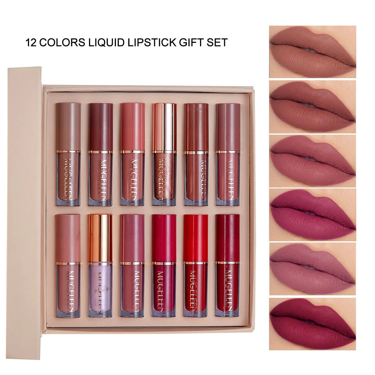 Matte shimmer lip glaze 12-piece set with non-stick cup formula showing twelve coordinated lipstick shades