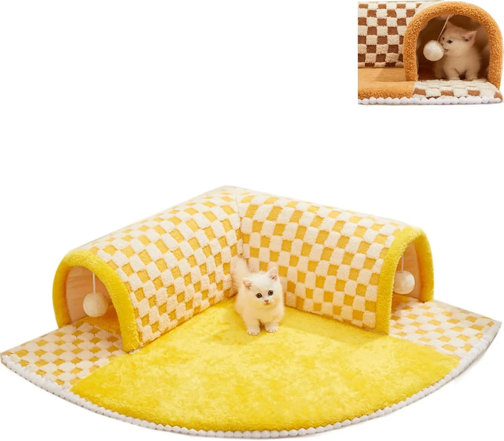 Brown plush plaid cat tunnel bed with central mat and zippered tunnel for indoor cats