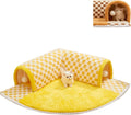 Brown plush plaid cat tunnel bed with central mat and zippered tunnel for indoor cats