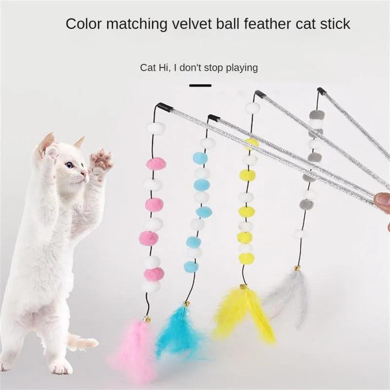 31cm cat teaser interactive toy rod with bell and pompon feather attachments in four colour options