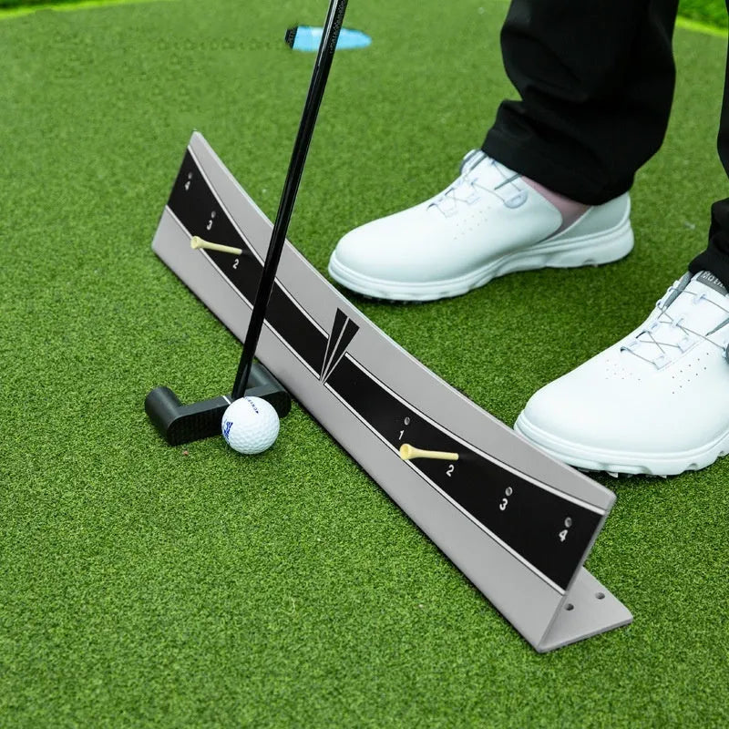 Golf putter trajectory balance simulator with adjustable push rod on a green putting mat