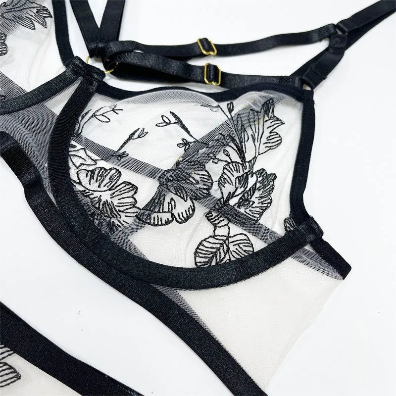Black lace mesh three-piece women's set with floral print top, matching trousers and waist ring