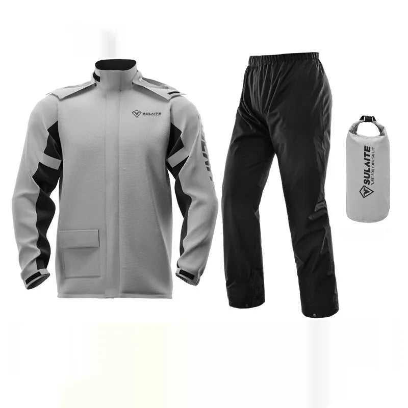 Adult motorcycle rain suit with raincoat, rain pants, shoe covers, and storage bag.