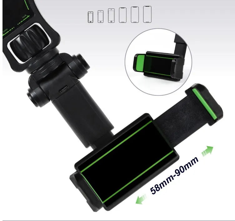 Black and green car mobile phone holder mounted on a rear-view mirror bracket.
